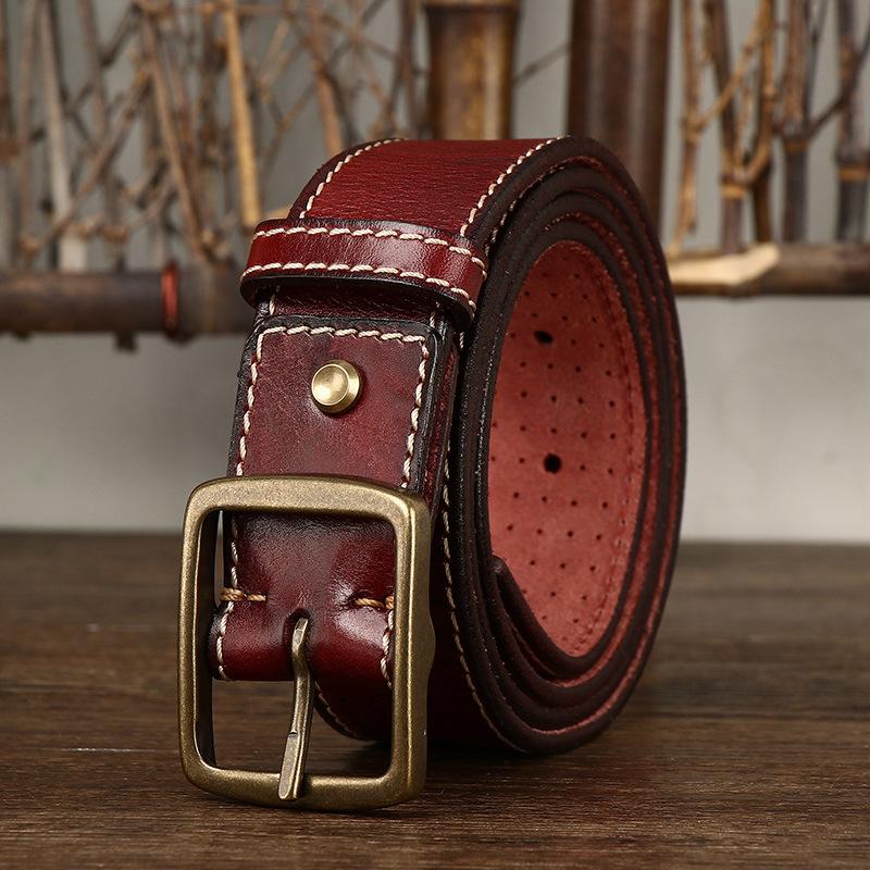 Belt Men's Retro Casual Cool Trendy All-Matching Hollow First Layer Cowhide Pin Buckle Genuine Leather Jeans Belt Men's