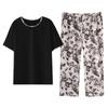 Pajamas with Chest Pads Women's Pure Cotton Short-sleeved Cropped Pants Summer Thin Cotton Summer Large Size Black Loungewear Set