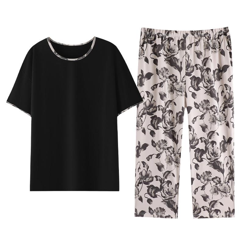 Pajamas with Chest Pads Women's Pure Cotton Short-sleeved Cropped Pants Summer Thin Cotton Summer Large Size Black Loungewear Set