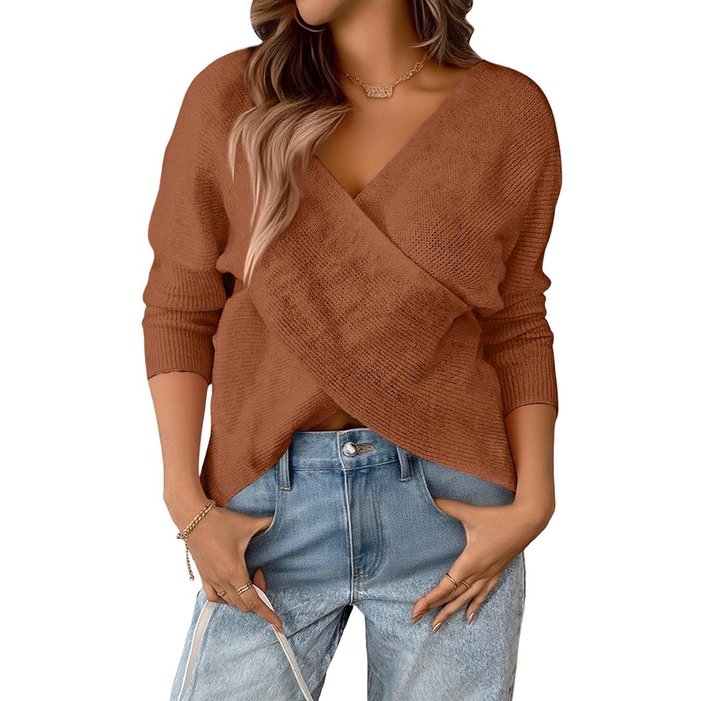 Women's Relaxed Patchwork V,neck Loose Long,sleeved Polyester Sweater