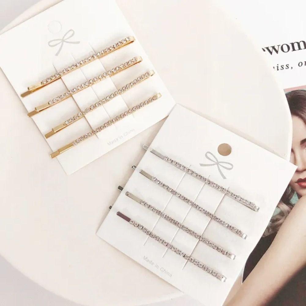 4pcs Silver Rhinestone Hair Clip Set Gold Crystal Barrettes Simple Korean Hairpins Daily