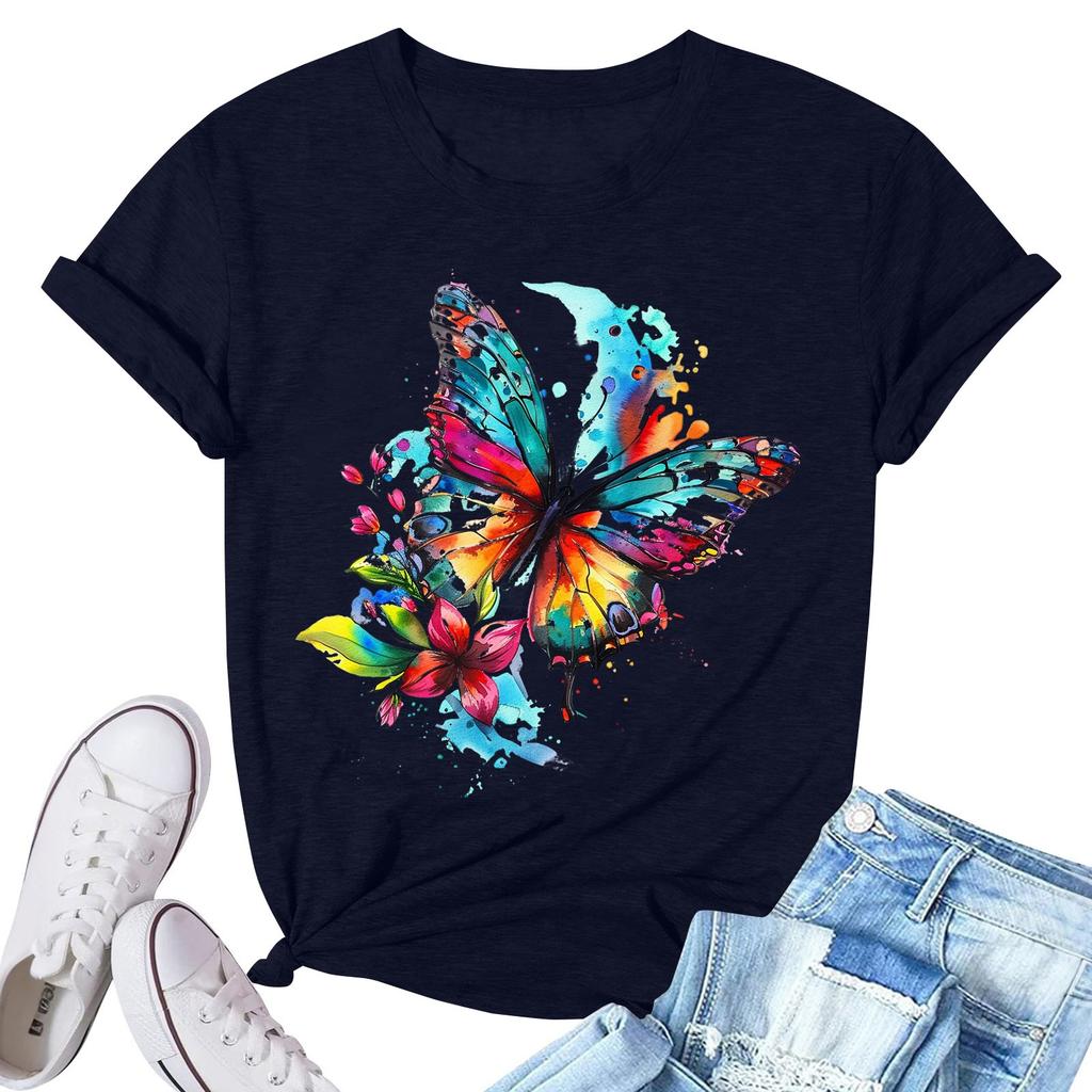 Women's Fashion Printed Casual Pleated Round Short Sleeve T-Shirt Top