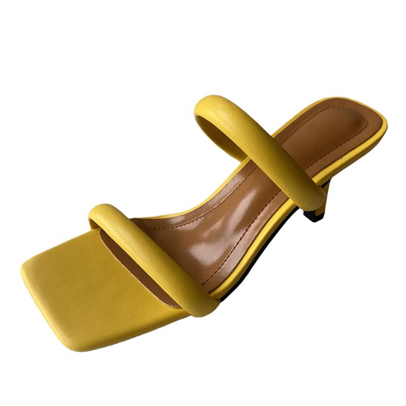 Fashion Eilyken Summer Yellow Thin Heels Slippers Sandals Women Square Toe Mules Beach Slides Leisure Shoes
