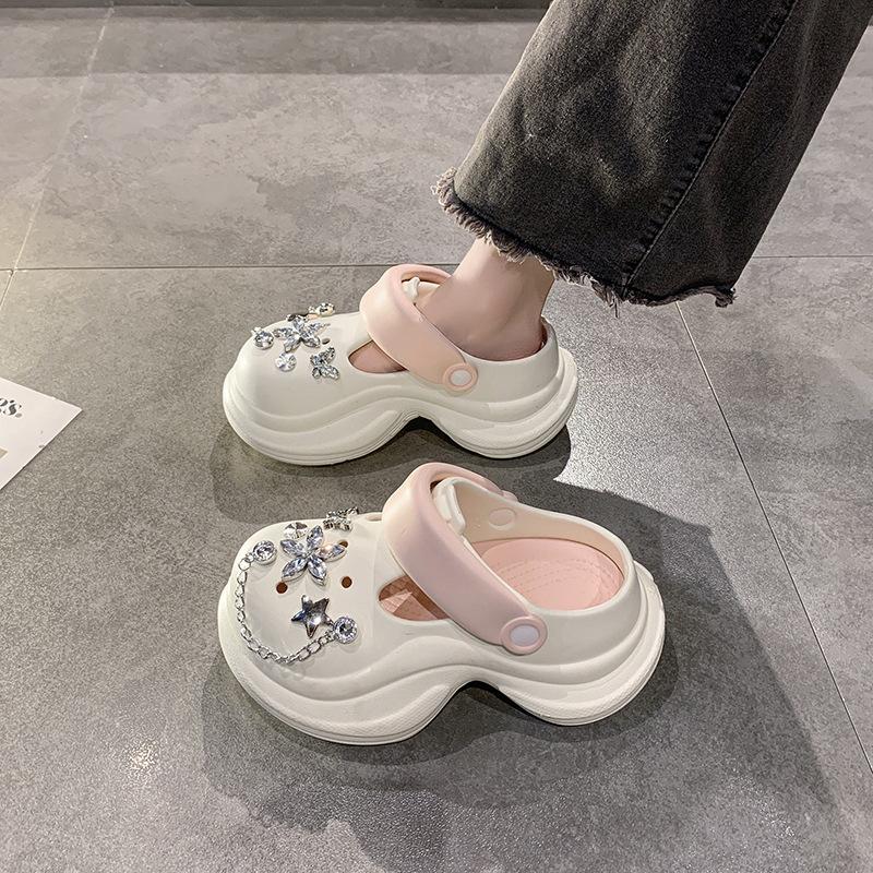 Spring and summer 2025 new rhinestone heightening hole shoes women's tide non-slip thick sole two wear bag head slippers women's shoes