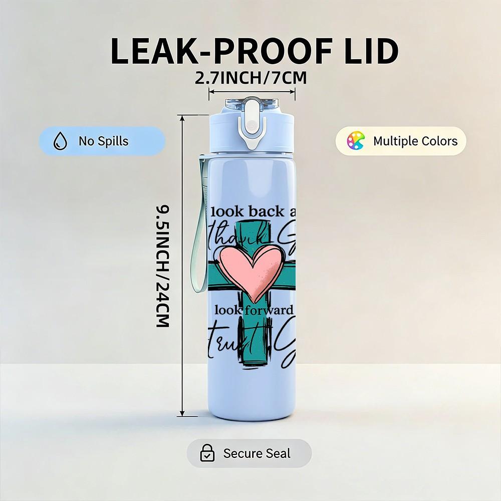 1PC Christian Cross Floral Letter Print 750ml Color Plastic Sports Water Bottle Leakproof Flip Straw Lid Suitable for Sports Office Home Use