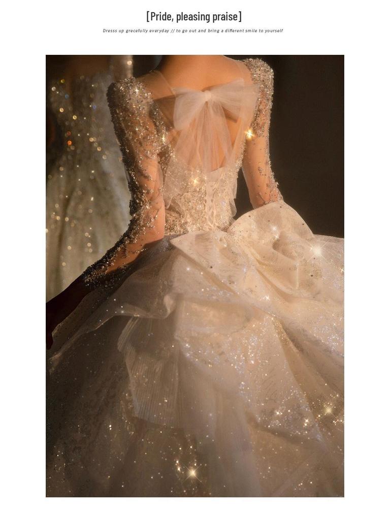 2025 Vintage French Long Sleeve Wedding Dress with Heavy Train and High-End Texture