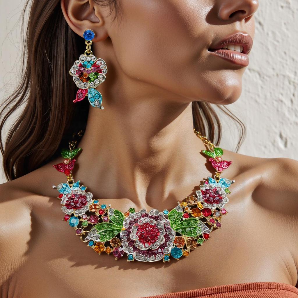 Sieraden Roos Overdreven Ketting Oorbellen Set Bruidsaccessoires Jurk Decoratie