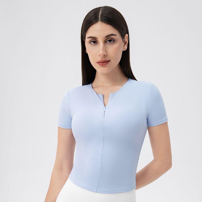 Foreign Trade Belt Chest Pad Yoga Clothes Short Sleeve Front Zipper Tight Fitness Top Nude Feel High Elastic Sports Running T-shirt Women