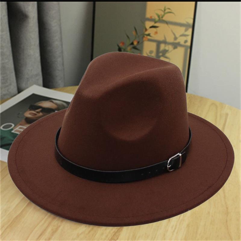 Hat men's autumn and winter new European and American style fashion belt buckle jazz hat women's casual big wide brim retro gentleman's top hat
