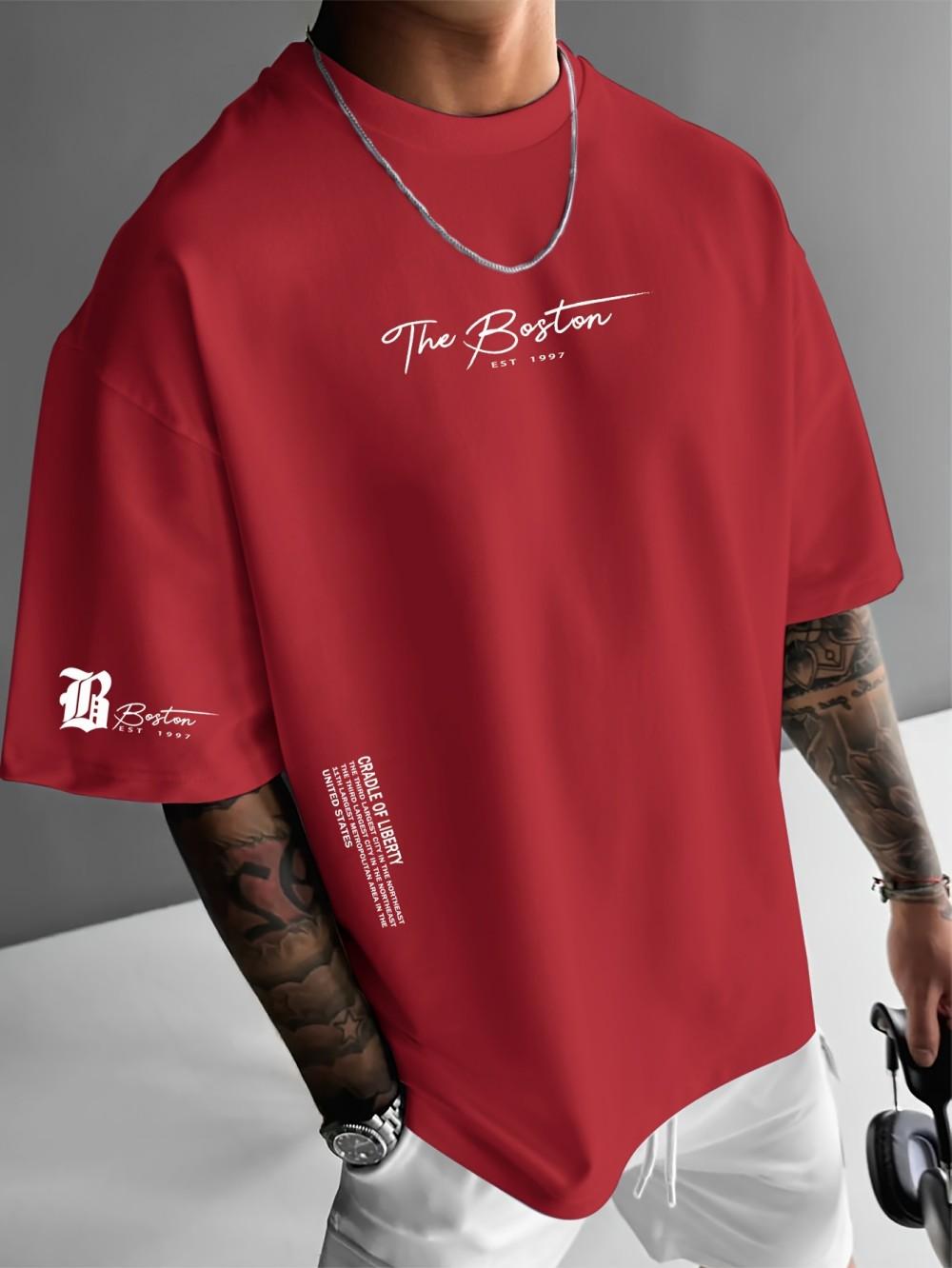 

New men s polyester fabric casual comfortable breathable round neck T-shirt with letter pattern suitable for outdoor sports L