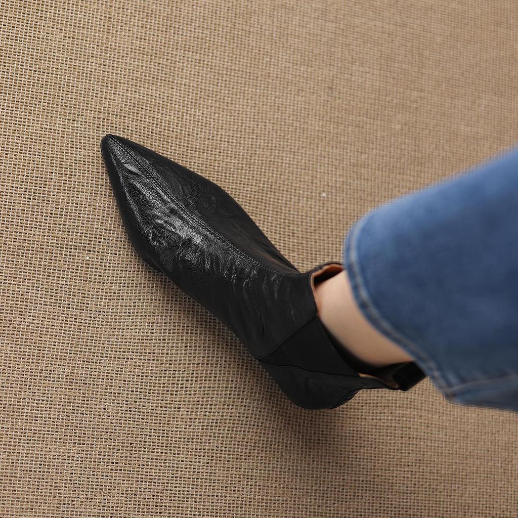 Krazing Pot Sheepskin Winter Pointed Toe Low Heels Chelsea Boots Women Slip On Elegant Women Ankle Boots