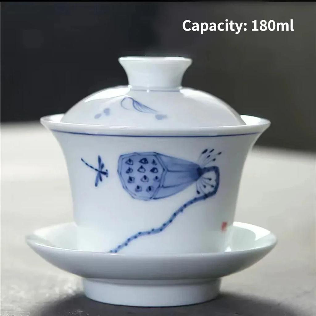 Jingdezhen-Porcelain Tea Set, Ceramic Teacups and Saucers, Handpainted Lotus, Travel, Easy Gaiwan, Porcelain Cup, Tableware