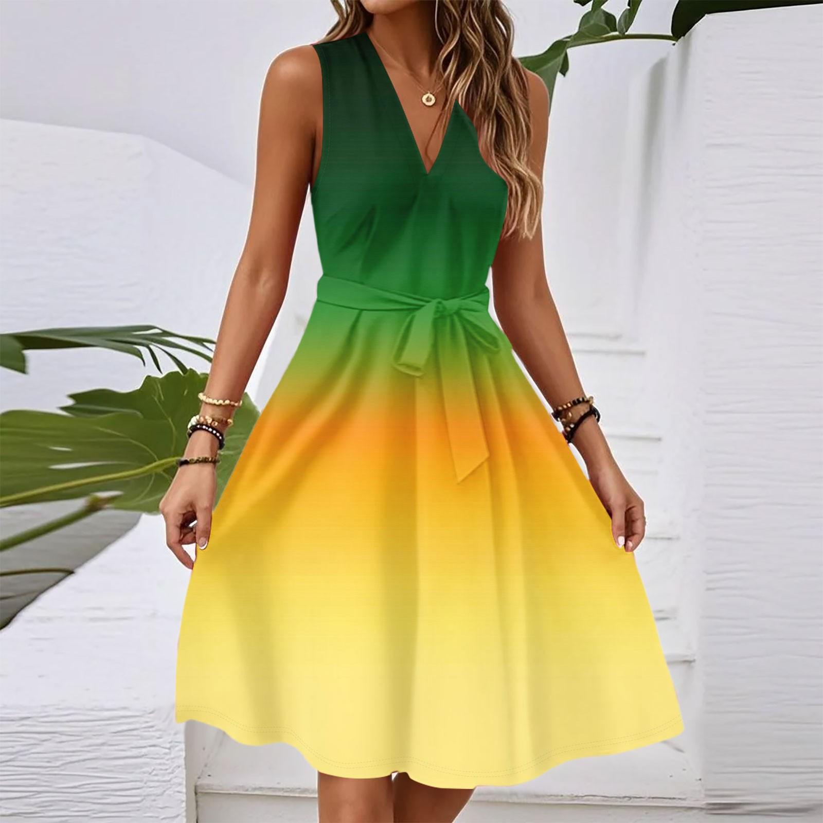 Women s Spring And Summer Casual V-Neck Sleeveless Waist Gradient Printed Midi Dress XXL жёлтый
