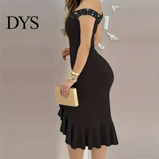 Sleeveless Dress Evening Off Shoulder Sheath Irregular Ruffle Hem Slim Fit Solid Off-the-shoulder Gown Color Faux Pearl Decor Midi for Party