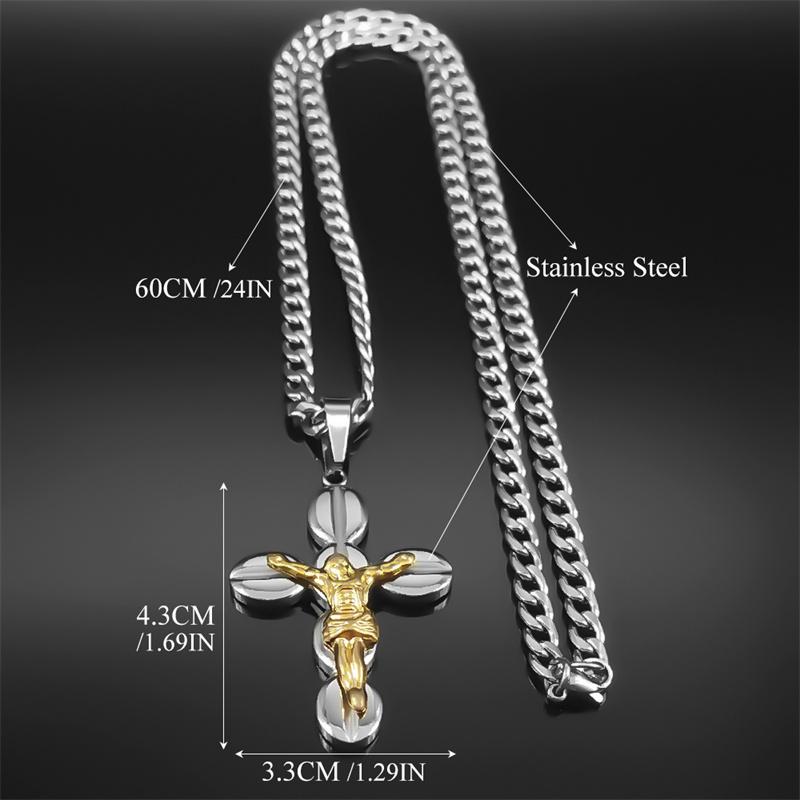 Catholic Jesus Cross Crucifix Pendant Necklace for Women Men Stainless Steel Gold Color Christ Amulet Chain Jewelry Party Gift