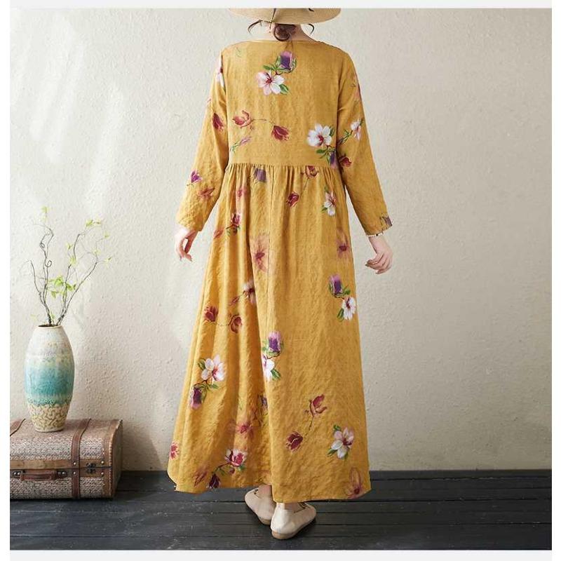 New Color Round Neck Retro Long Skirt Cotton Linen Dress