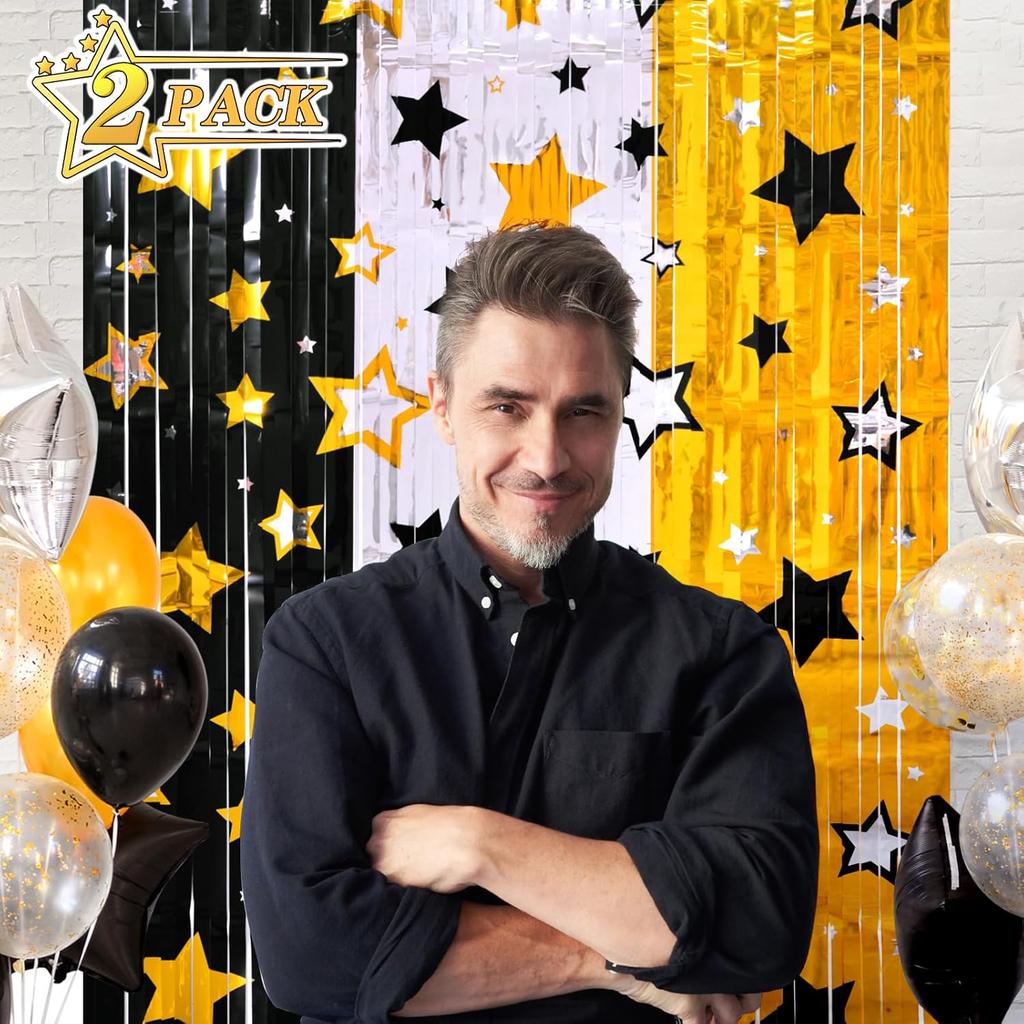 LOLStar New Years Eve Party Supplies 2026, 2 Pack Black Gold Silver Star Pattern New Years Decorations 3.3X6.6 Ft Foil Fringe Curta NYE Backdrop