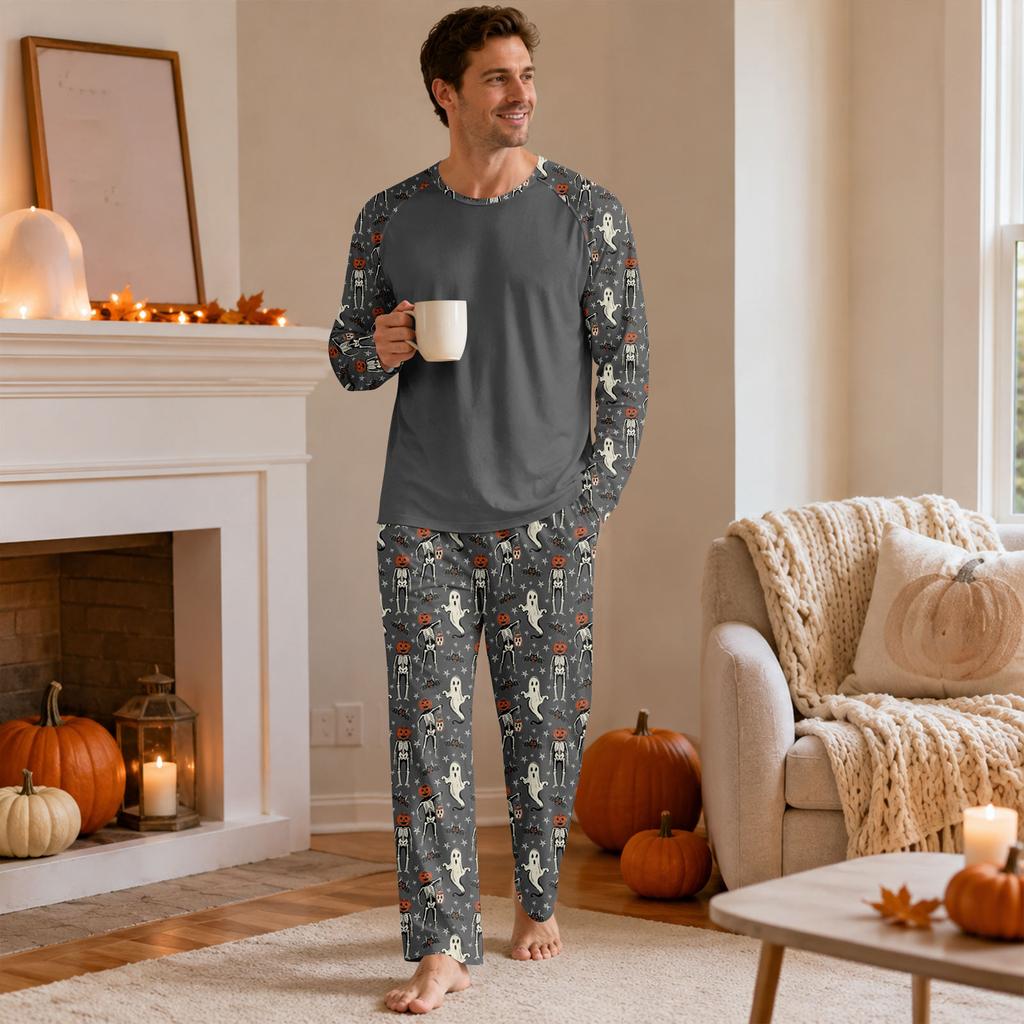 Men's Halloween Pajama Set Long Sleeve Round Neck Top and Pants Casual Comfortable Sleepwear