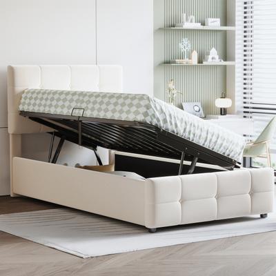 Paturi Copii 90 x 200cm Tapițerie Tăblie Reglabilă pe Înălțime Spațiu Mare Ergonomic Depozitare Hidraulică