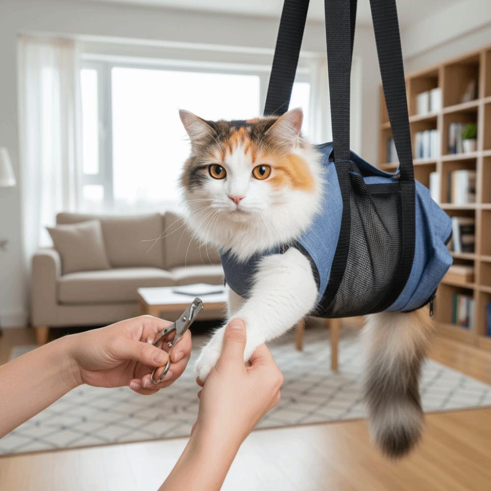 Atmungsaktive Netz-Katzen-Bade-Fixier-Tasche Weiche Bequeme Katzenpflege-Tasche Faltbar Kratzfest Haustier-Rucksack Krallenschneiden