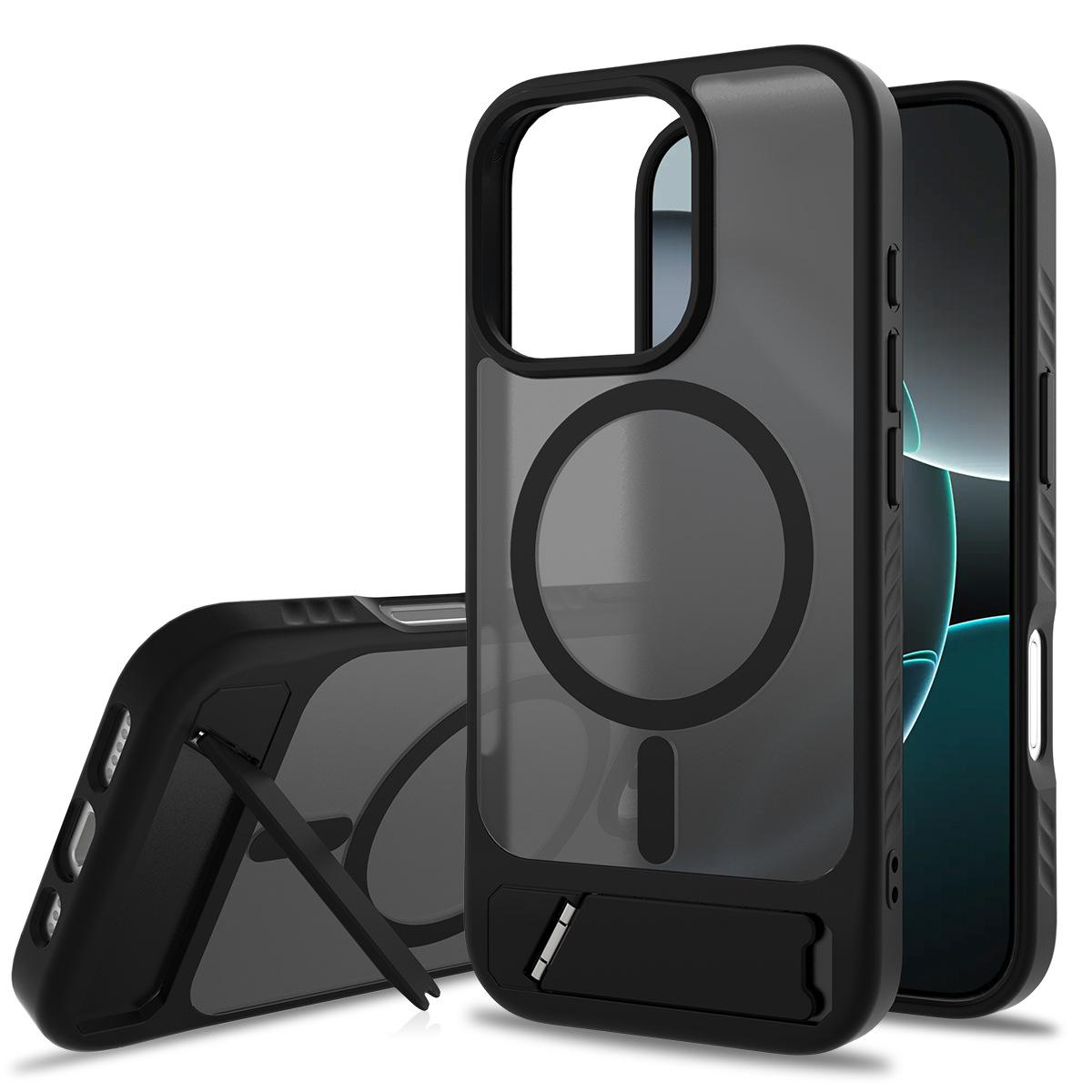 

Cross border applicable Apple 16pro built-in bracket magnetic phone case anti drop 2-in-1 skin feel frosted phone case iPhone 16 чорний