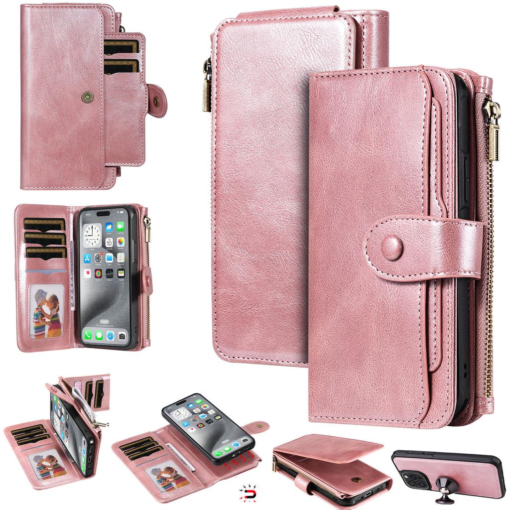 For iPhone 16 Pro Max Magnetic Case Detachable PU Leather Zipper Wallet Cover