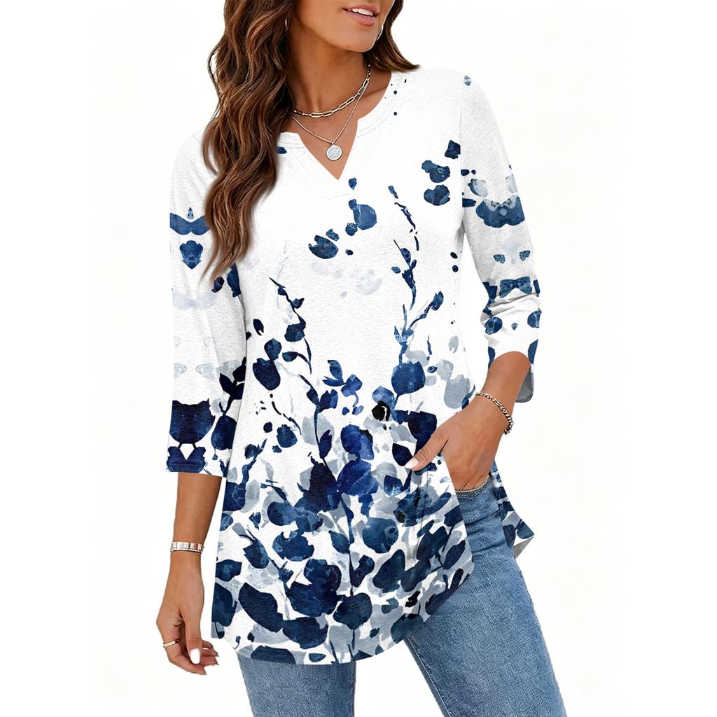 Women's Casual V Neck 3/4 Sleeve Pullover Tunic Top Floral Print Mid Length Loose Fit Blouse for Everyday Wear