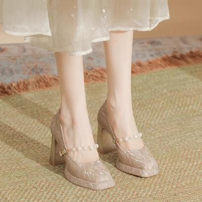 Fashion Women's Chunky Single Shoes Spring New Square Head Shallow Mouth Beaded One Line with Thick Sole Non-slip High Heels