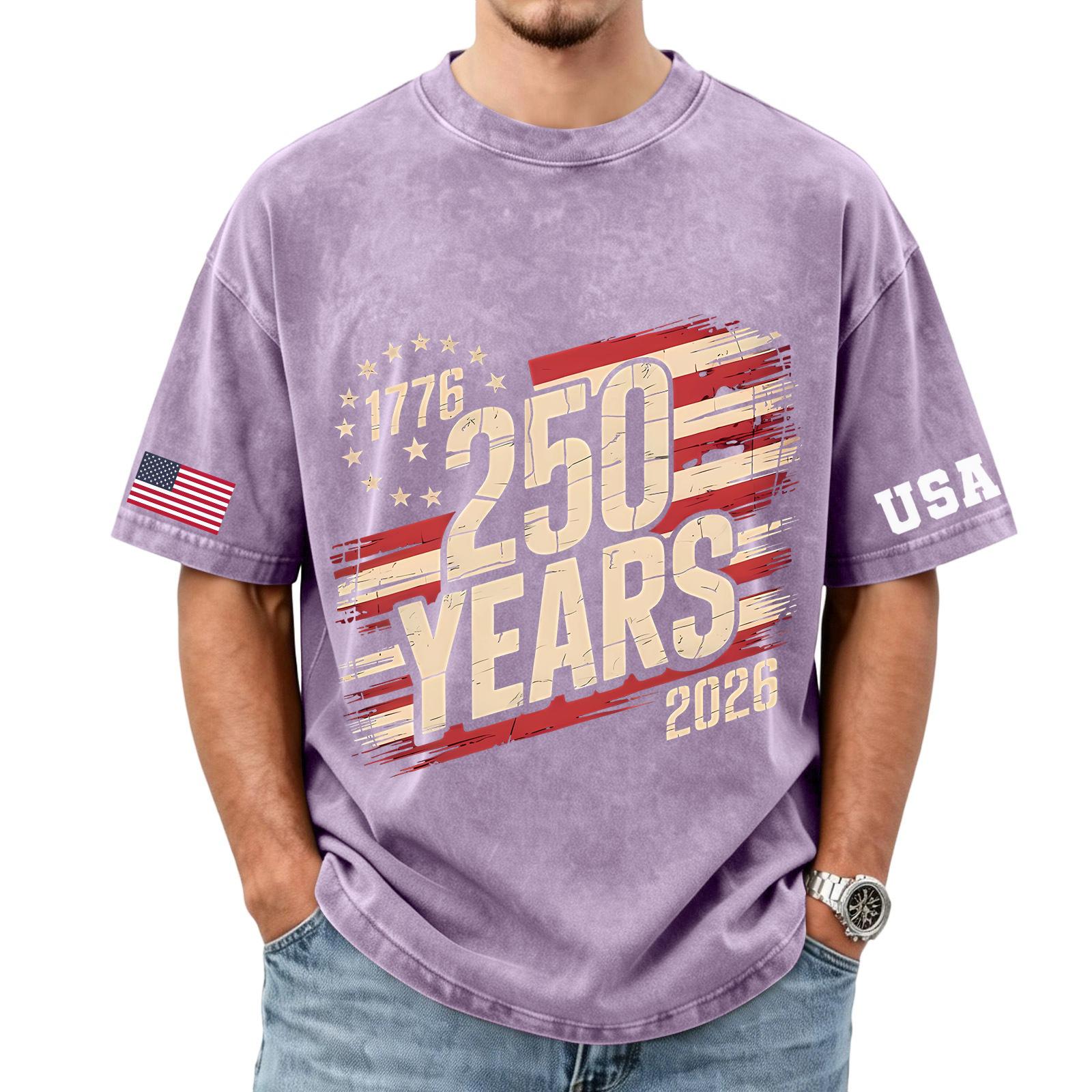 

Mens Short Sleeve Crewneck T Shirt 250 Years 1776 2026 Printed Graphic Tee USA Flag Design Casual Loose Fit Top XL фіолетовий