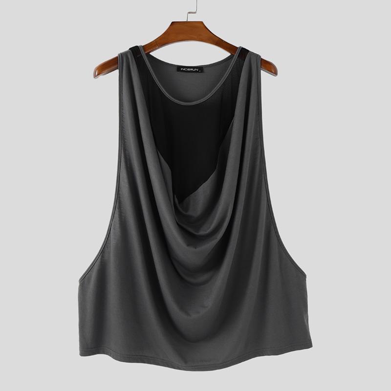 INCERUN Men Low Cut Swing Collar Sleeveless Mesh Patchwork Long Tank Tops Pajamas