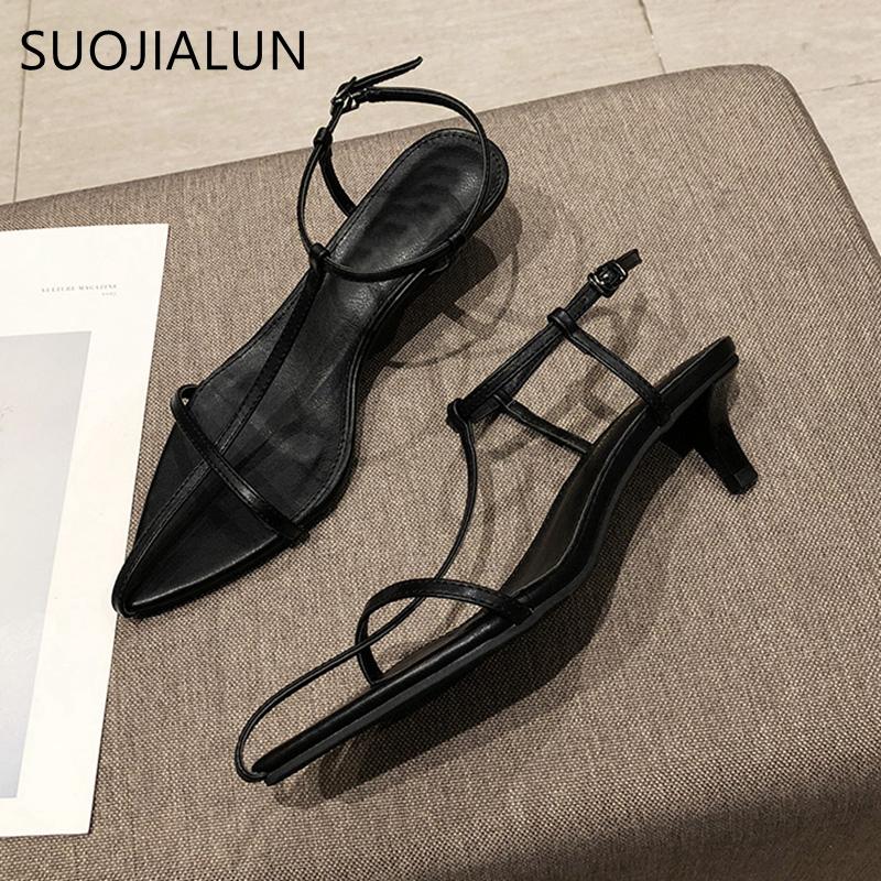 Fashion SUOJIALUN 2025 Summer New Women Sandal Fashion Narrow Band Ladies Gladiator Shoes Thin Low Heel Ankle Strap Dress Party Shoes