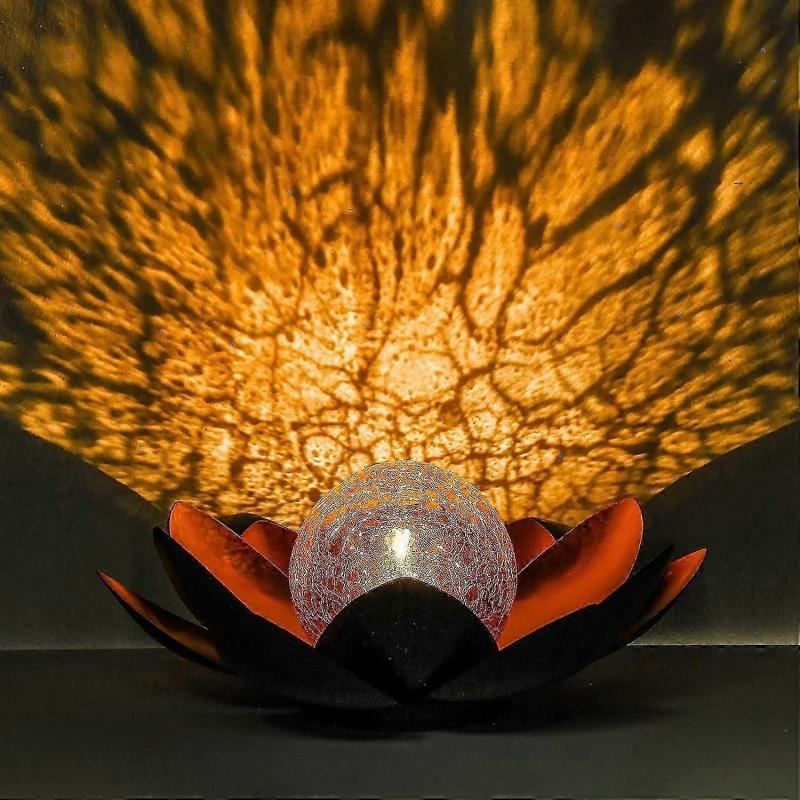 Solar Lotus Light Garden Outdoor Table Decor,Amber Crackle Globe Glass Lotus Flower Light Decoration,Metal Lotus Flower Lamp Waterproof Led Light For