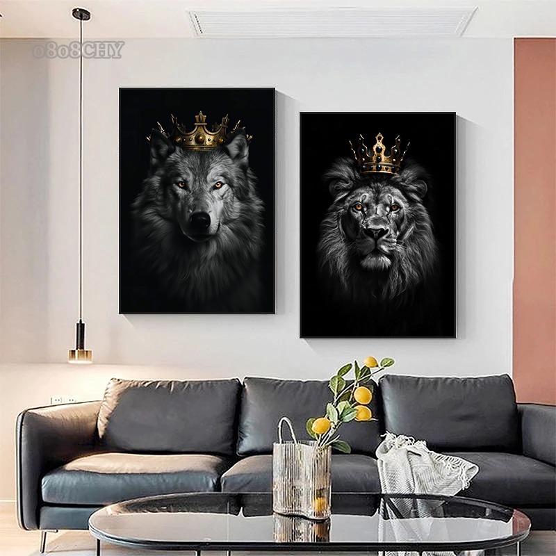 Black White Animal Kingdom Posters Canvas Print Wall Art Painting Wild Lion Tiger Eagle Bear with Gold Crown Mural Home Decor