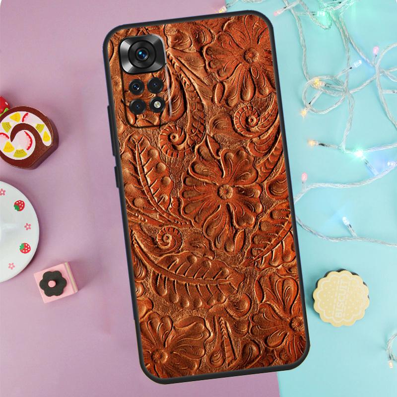 Brown Hand Tooled Western Case For Xiaomi Redmi Note 14 13 12 11 10 9 Pro 9S 10S 11S 12S Redmi 10C 12C 13C 14C Cover