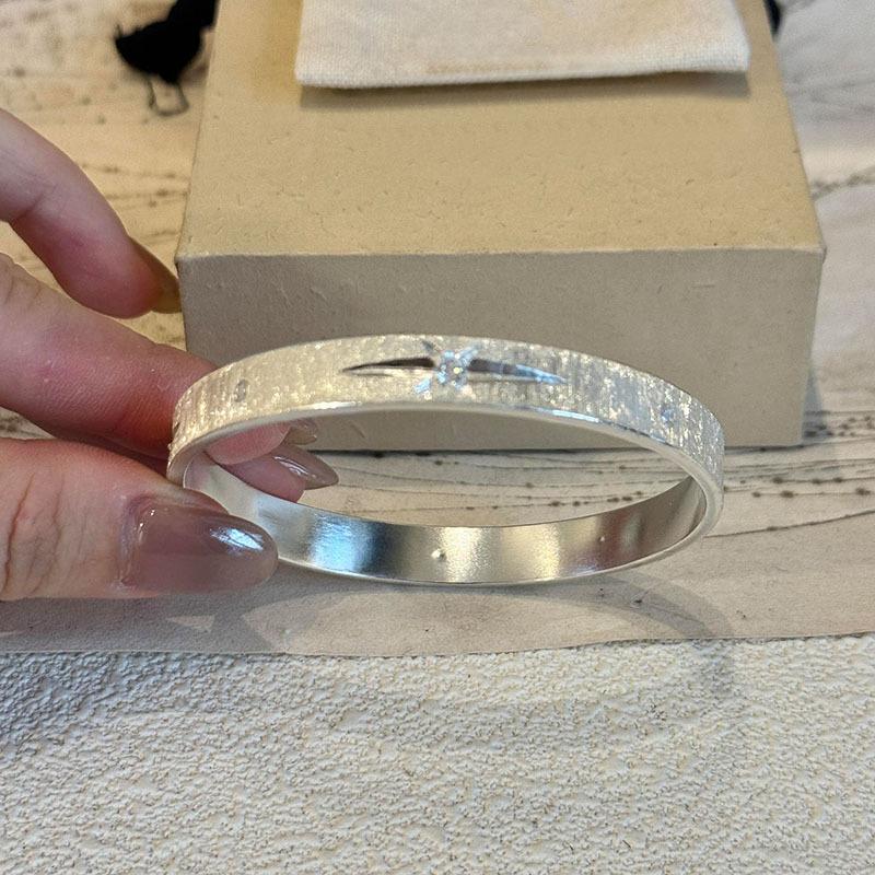 Classical Carving Brushed Starry Point Diamonds Texture Circle Silver Bracelets for women Simple Wide Bracelet Party