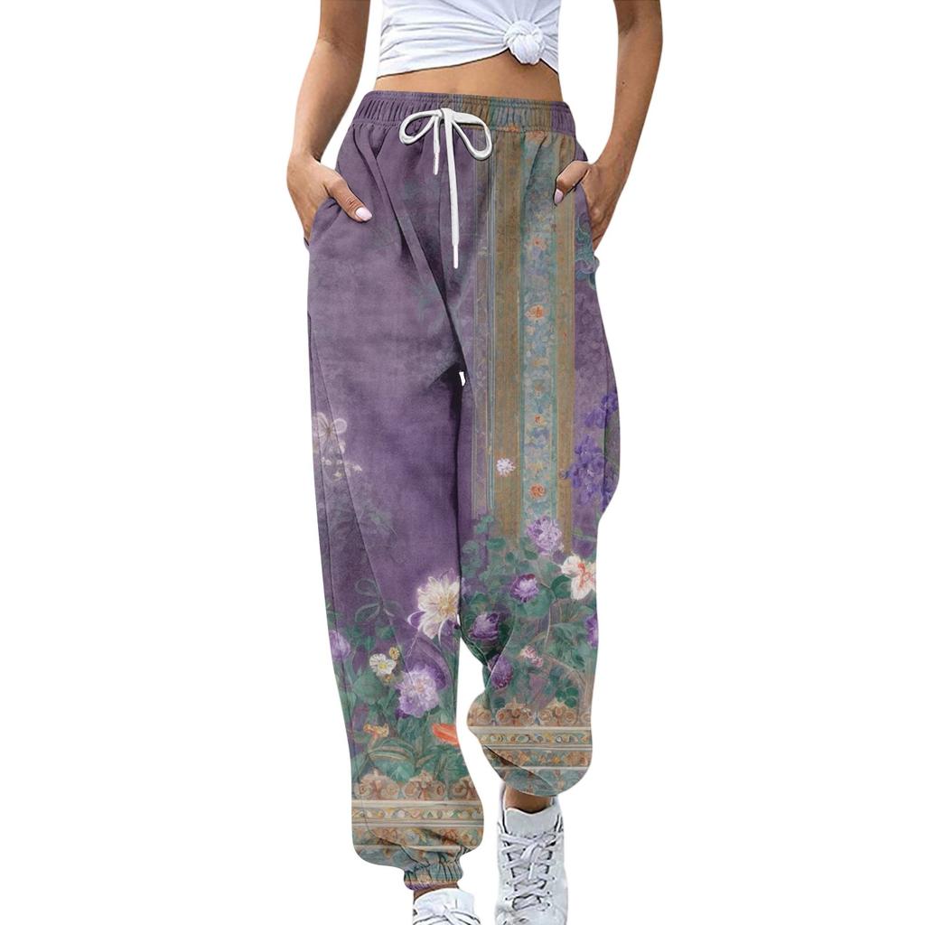 Women's Sports Pants With Pockets Fashion Floral Print Elastic Waist Pants Casual Sweatpants Pants