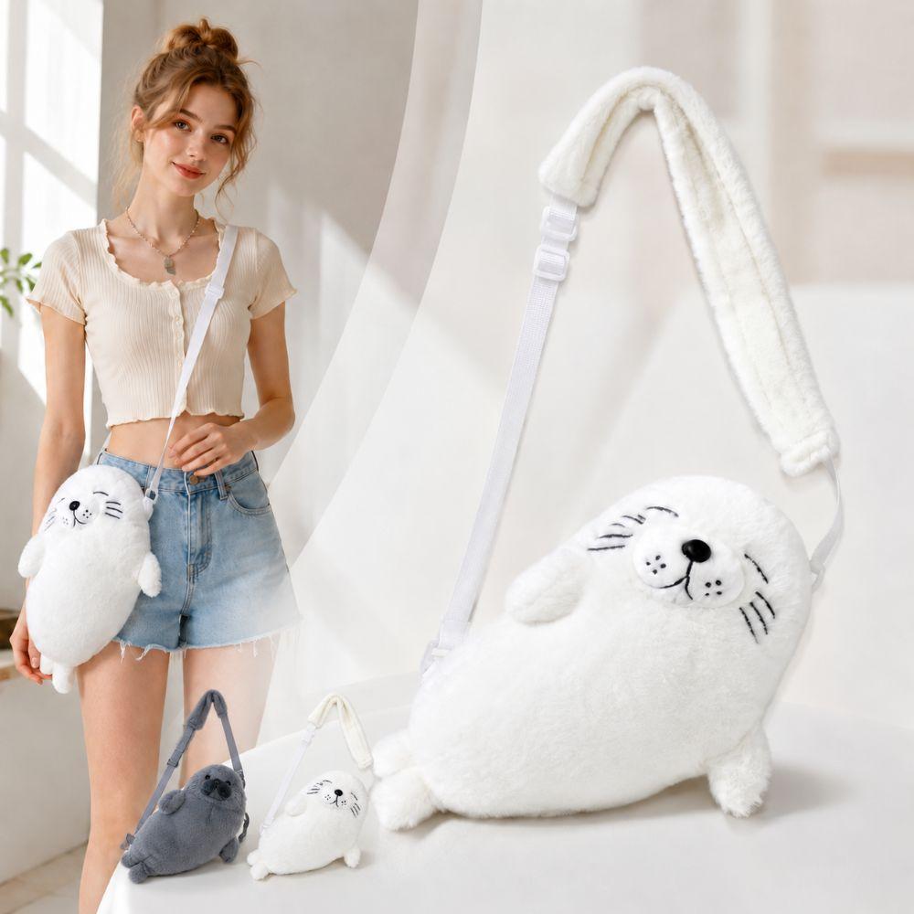 Soft Fluffy Cute Seal Shoulder Bag Lightweight Adjustable Straps Crossbody Bag Cartoon Fabric Handbag Women's Accessories