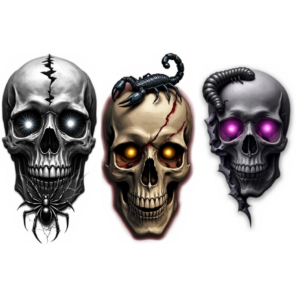 3pcs Temporary Tattoo Realistic Temporary Tattoos Skull With Flowers Skull With Butterfly Skull With Worm For Adults Women