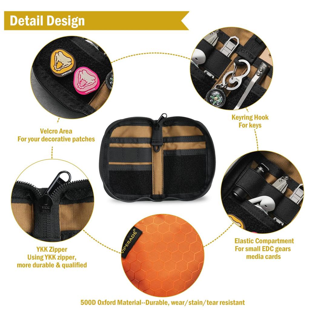 VIPERADE VE20 Small EDC Pouch with EDC Pocket Organizer for Small EDC Organizer Pouch with 5 Pockets Velcro, Men, (Orange)