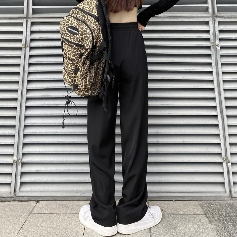 New Summer Draped Casual Pants for Women Black Versatile Drawstring Straight Trousers Loose Wide-leg Pants