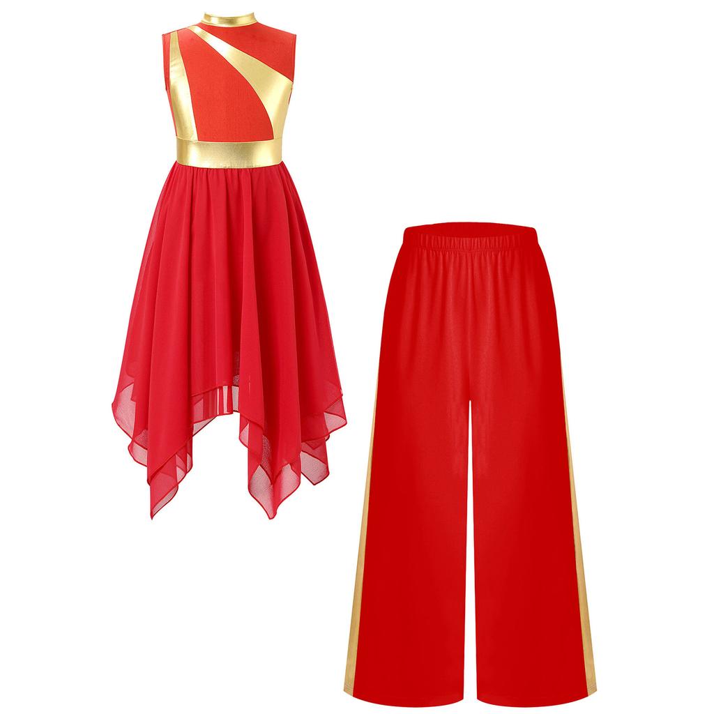 Girls Liturgical Dance Outfit Metallic Patchwork Sleeveless Dress with Asymmetrical Hem and Matching Wide Leg Pants