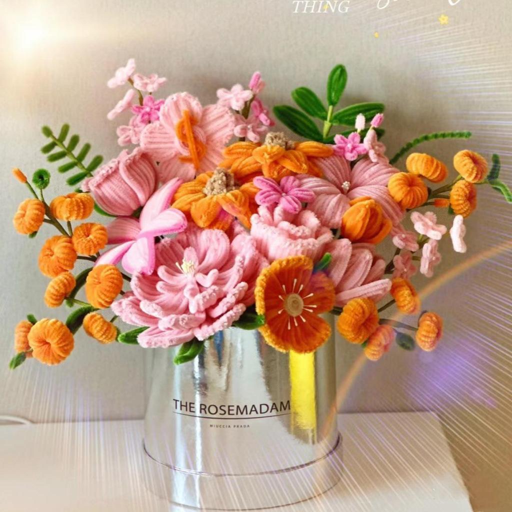 Handmade Pipe Cleaner Rose Bucket Bouquet - DIY Kit & Finished Product for Girlfriends & Best Friends