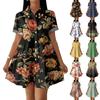 Women Casual Loose Shirt Dress Button Up Stand Collar Short Sleeve Printed Mini Dress Lightweight Tunic Dress