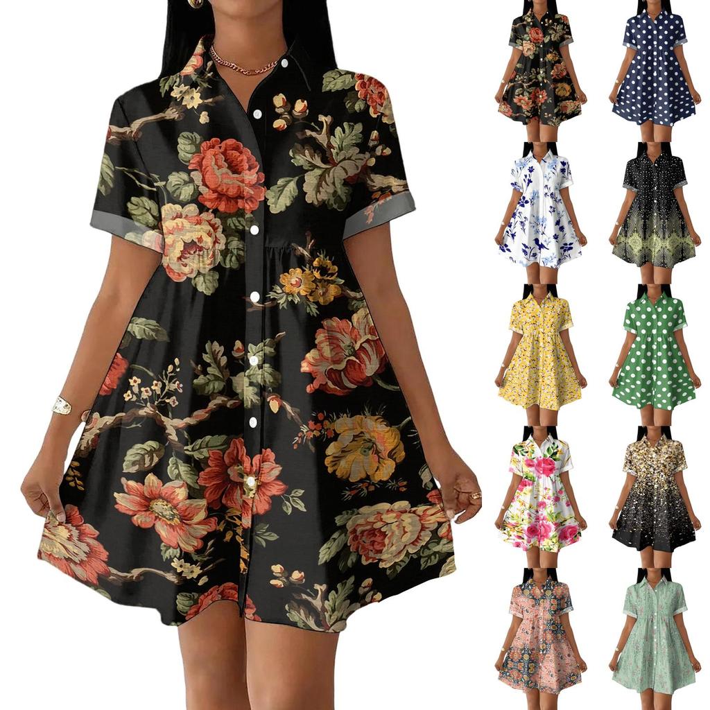 Women Casual Loose Shirt Dress Button Up Stand Collar Short Sleeve Printed Mini Dress Lightweight Tunic Dress