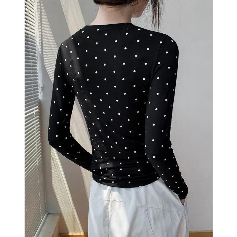 Korean Style Round Neck Polka Dot Long Sleeve T-shirt for Women Autumn Winter New Slim Fit Inner Layering Shirt Top