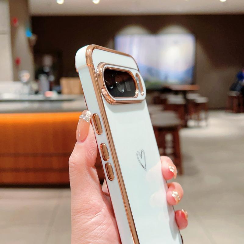 Capa brilhante com padrão de coração de amor para Google Pixel 9 Pro XL 8 Pro 8A 7A, capa de proteção de lente à prova de choque e macia de cor sólida