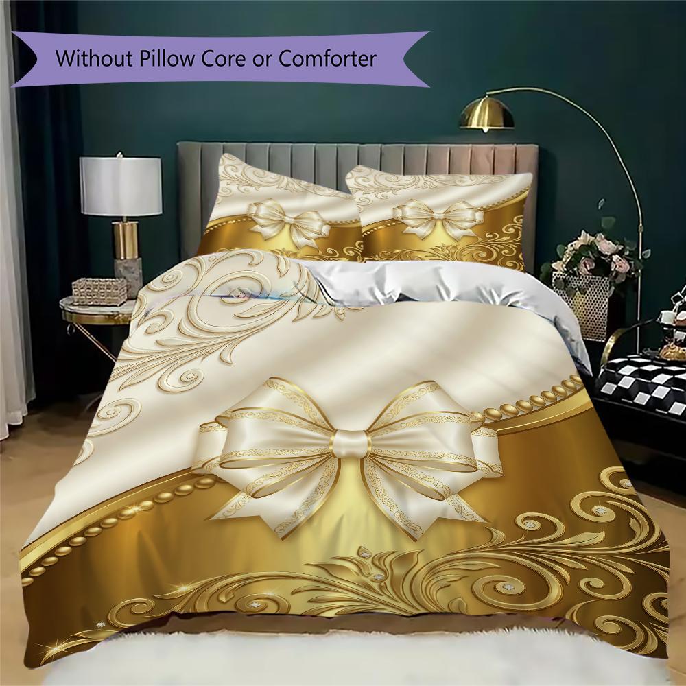 Elegant Bow Pattern Bedding Uilt Set Uilt Cover Pillowcase Home Decoration Birthday Gift (1 * Duvet Cover + 2 * Pillowcase Without Core)