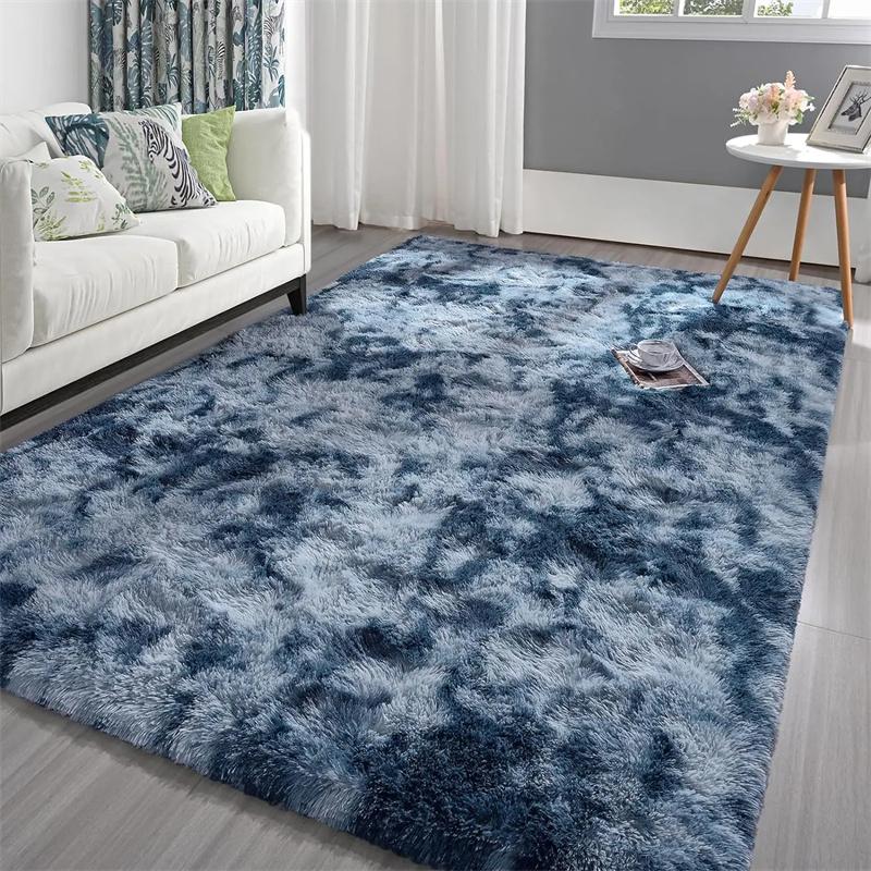 Soft Fluffy Plush Tie-Dye Carpet Gradient Long Fine Hairs Fabric Bedside Mat Rug For Girl's Bedroom Non-Slip Mat Home Decor
