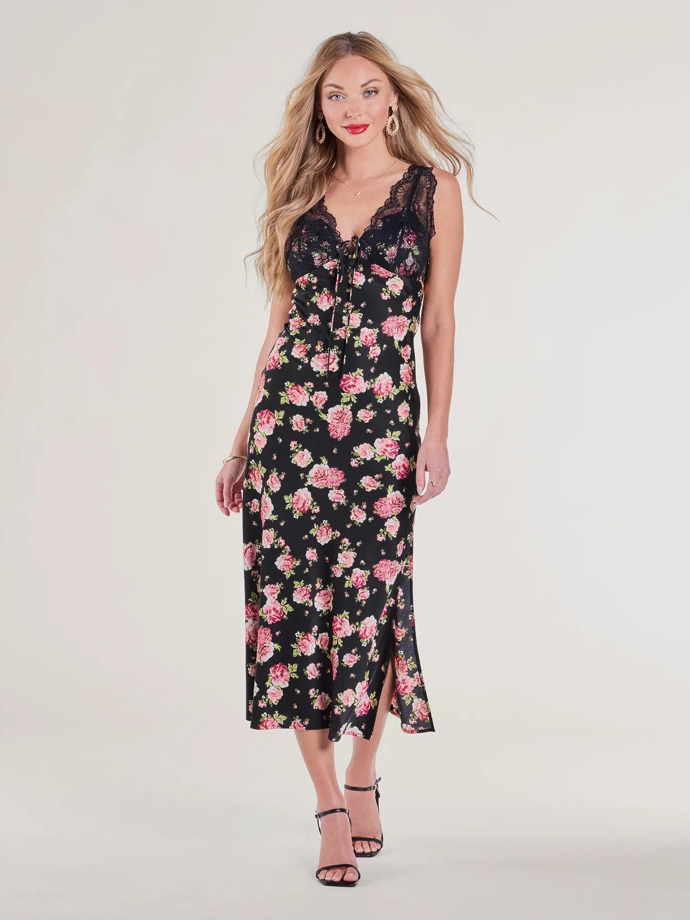 2024 summer new V-neck sexy vacation style print dress dress S чёрный