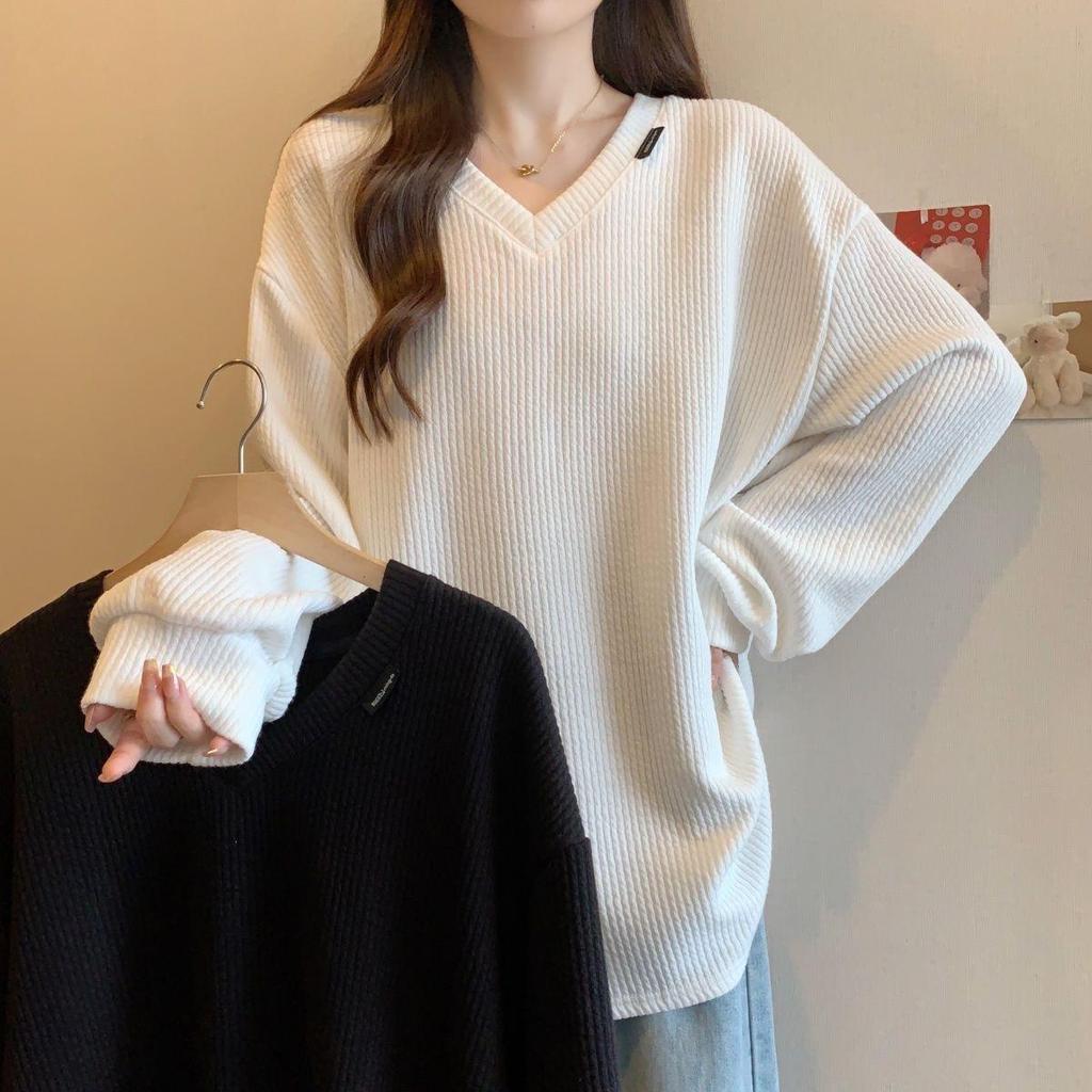 Dame Pluss Størrelse Ribbestrikket Langermet Base Layer Topp - Høst/Vinter Løstsittende og Slankende Allsidig T-skjorte